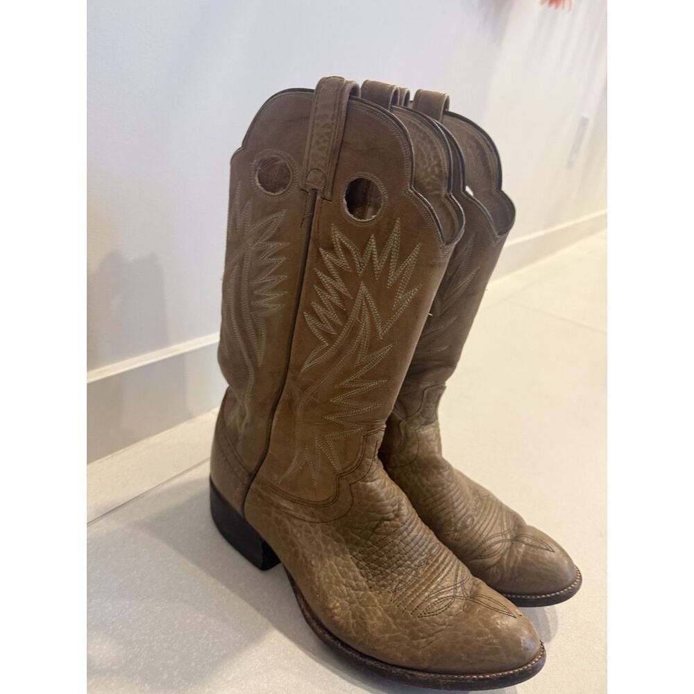 Vintage Western Cowboy Boots Tan Brown Leather Embroidered Size 10